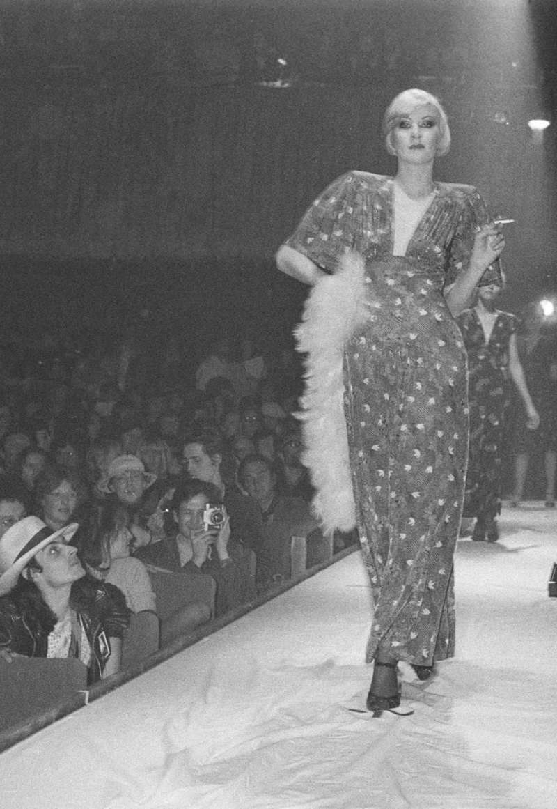 Fantastic Fall 1974 Ossie Clark Runway Documented Red Moss Crepe Dress w Plunging Front & Caped Sleeves