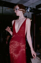 Showstopping 1975 John Anthony Couture Deep Plunging Red Dress Entirely Covered in Glass Beads