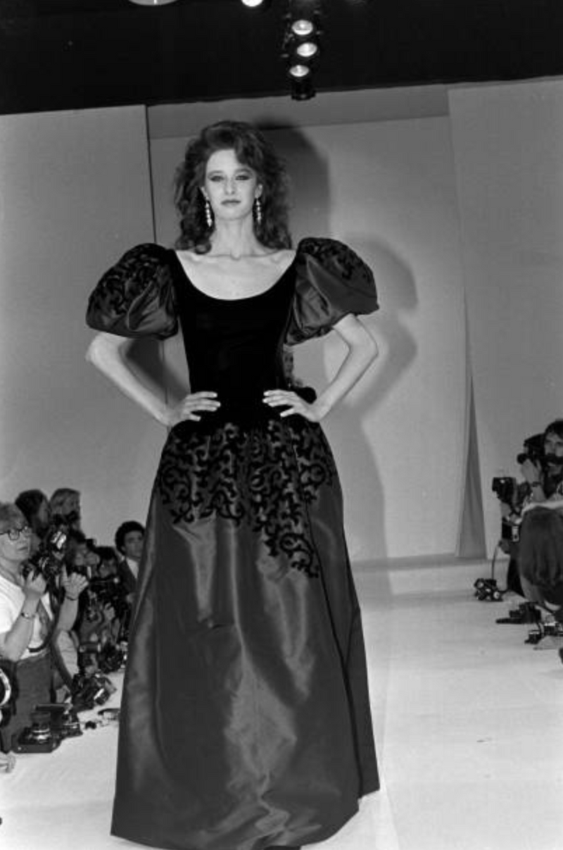 Fall 1981 Oscar de la Renta Blue Silk & Velvet Applique Dress w Pouf Sleeves