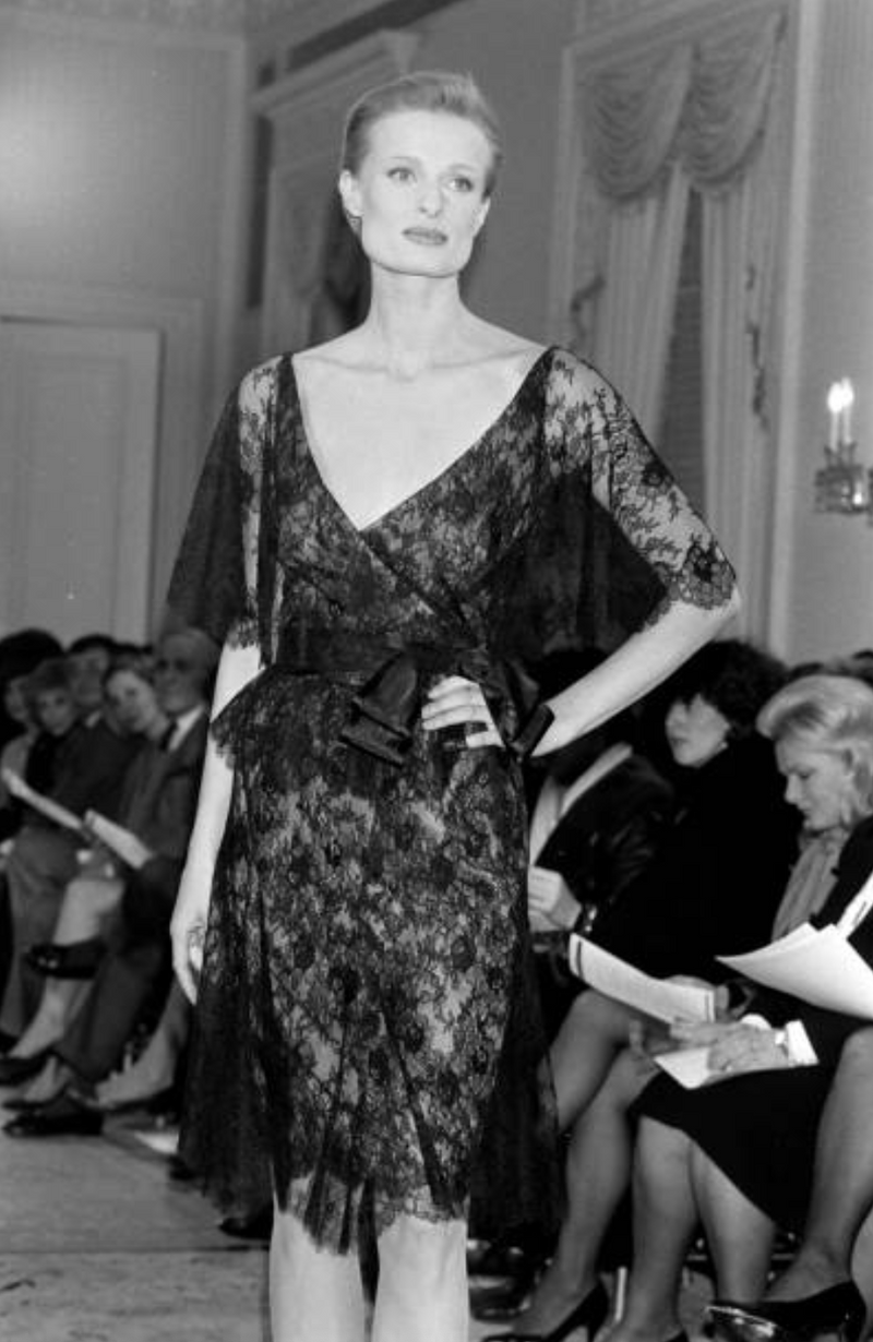 Spectacular Fall 1988 John Anthony Bias Cut Taupe Silk Chiffon Wrap Dress w Hand Made Lace Detailing