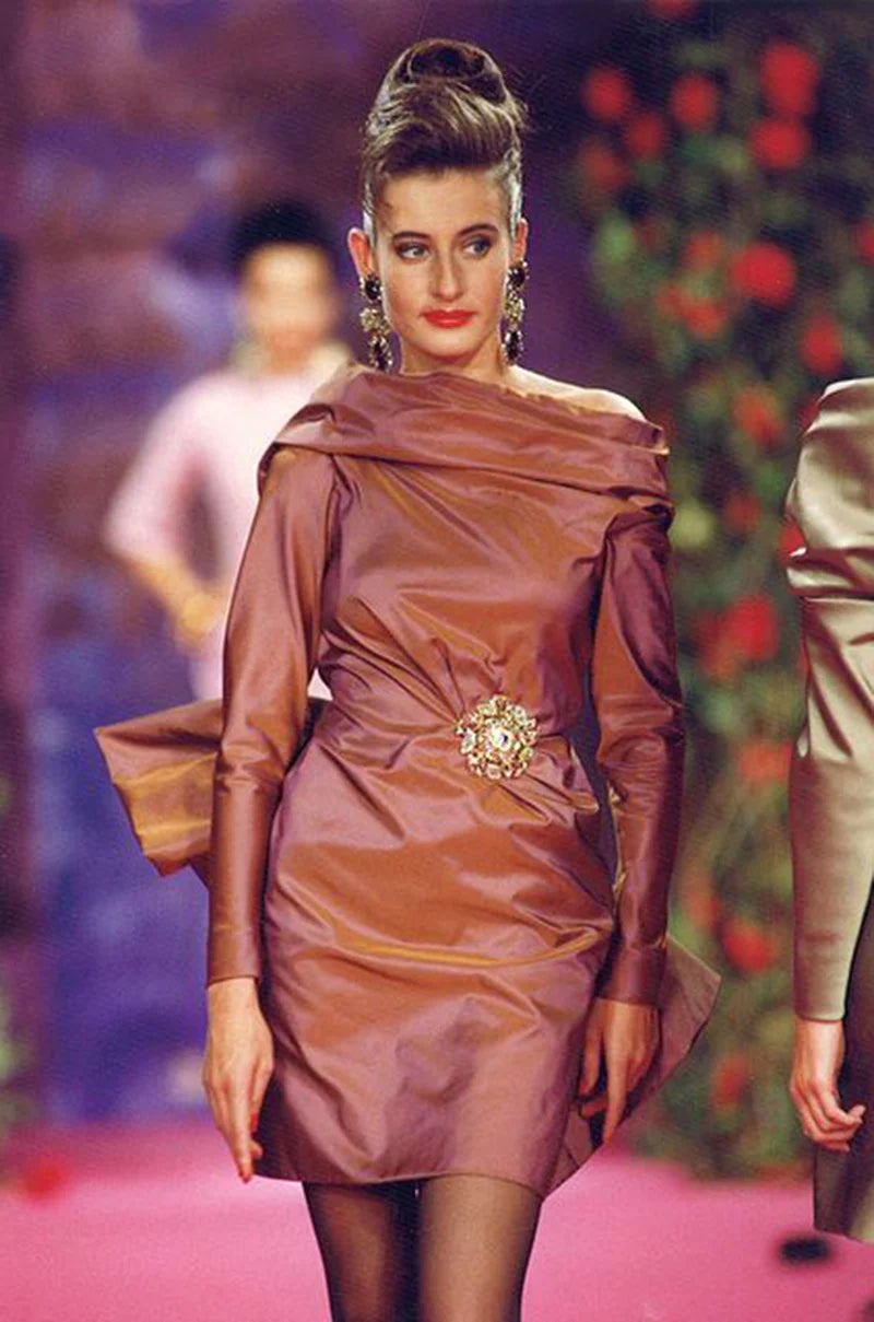 Fall 1990 Christian Lacroix Haute Couture Silk Runway Backless Dress w Original Jewel Brooches