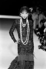 Fall 1992 Emanuel Ungaro Strapless Sequin SIlk & Lace Black Dress w Fringed & Beaded Hem