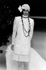 Fall 1992 Emanuel Ungaro Strapless Sequin SIlk & Lace Black Dress w Fringed & Beaded Hem