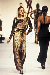 Important Spring 1993 Yves Saint Laurent Runway Draped Neckline Panne Velvet Leopard Print Dress