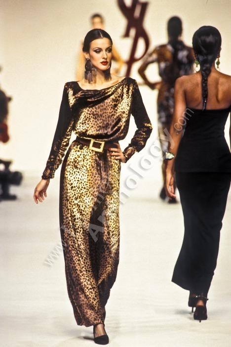 Important Spring 1993 Yves Saint Laurent Runway Draped Neckline Panne Velvet Leopard Print Dress