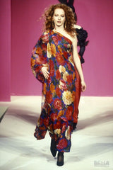 Exquisite Fall 1997 Yves Saint Laurent Brilliant Multi Floral Printed Silk Chiffon Bias Cut & Draped One Shoulder Dress