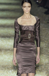 Important Fall 2003 Gucci by Tom Ford Runway Look 10 Stretch Silk Dress w Black Corset Waist Cincher Belt