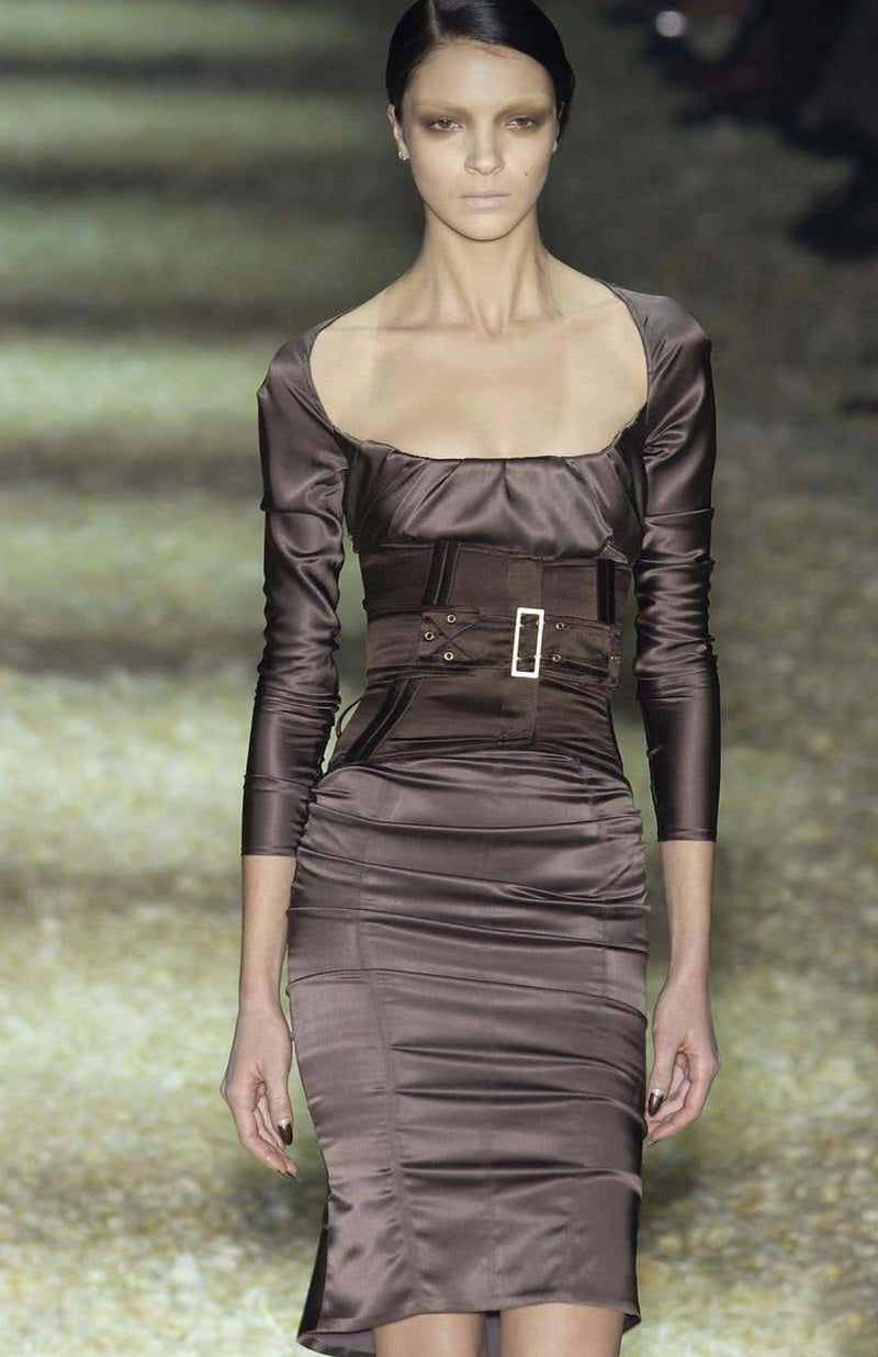 Important Fall 2003 Gucci by Tom Ford Runway Look 10 Stretch Silk Dress w Black Corset Waist Cincher Belt