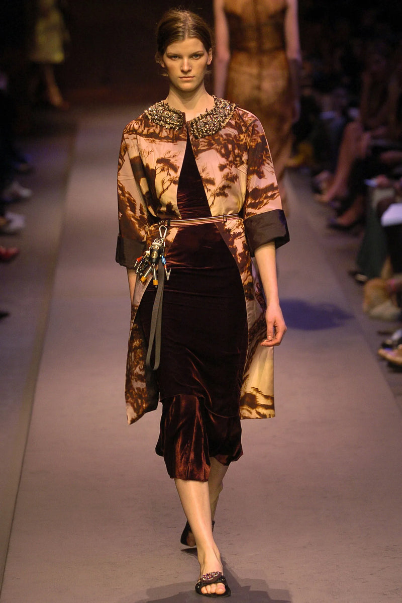 Prettiest Fall 2004 Prada Runway & Ad Campaign Print Silk Chiffon Dress w Beaded Detailing