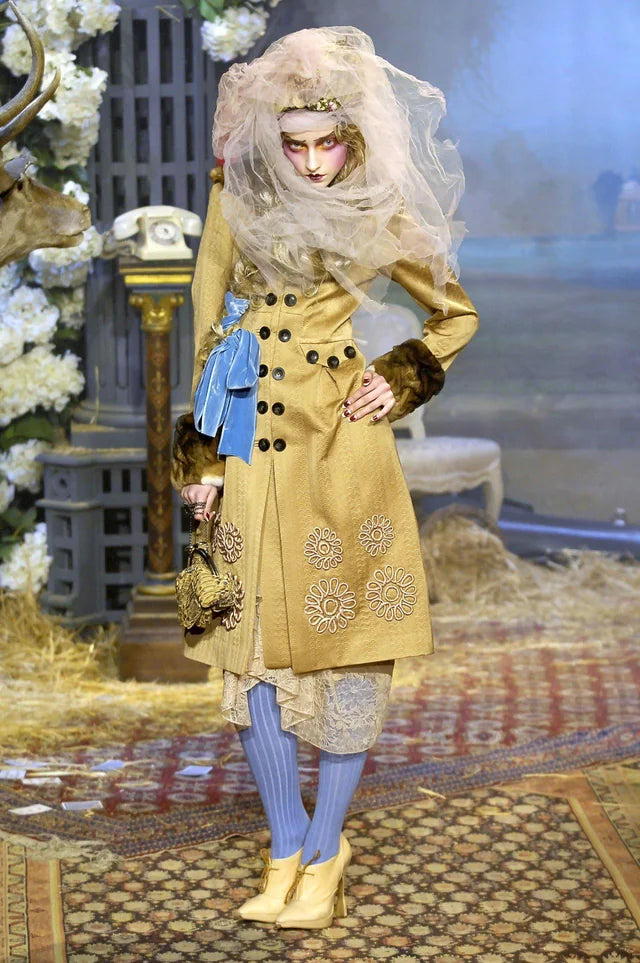 Fall 2007 John Galliano Ivory Silk Chiffon & Lace Dress w Silk Rosettes
