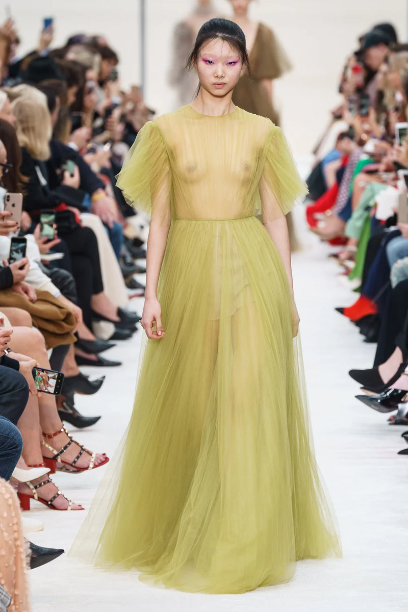 Magical Fall 2019 Valentino Strapless Pleated Green Cotton Dress w Painted Floral Detailing