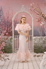 Prettiest Fall 2022 Rodarte Runway Look 9 Pink Silk Dress w Chiffon Ruffle & Flower Detail