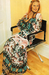 Rare 1971 Thea Porter Actual Book Piece Silk Cotton Gauze Dress w Sheila Hudson Horseman Print
