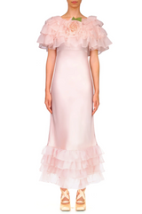 Prettiest Fall 2022 Rodarte Runway Look 9 Pink Silk Dress w Chiffon Ruffle & Flower Detail