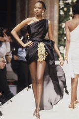 Spring 1990 Hubert de Givenchy Haute Couture Runway Ivory Silk Dress w Gold Metal Detailing