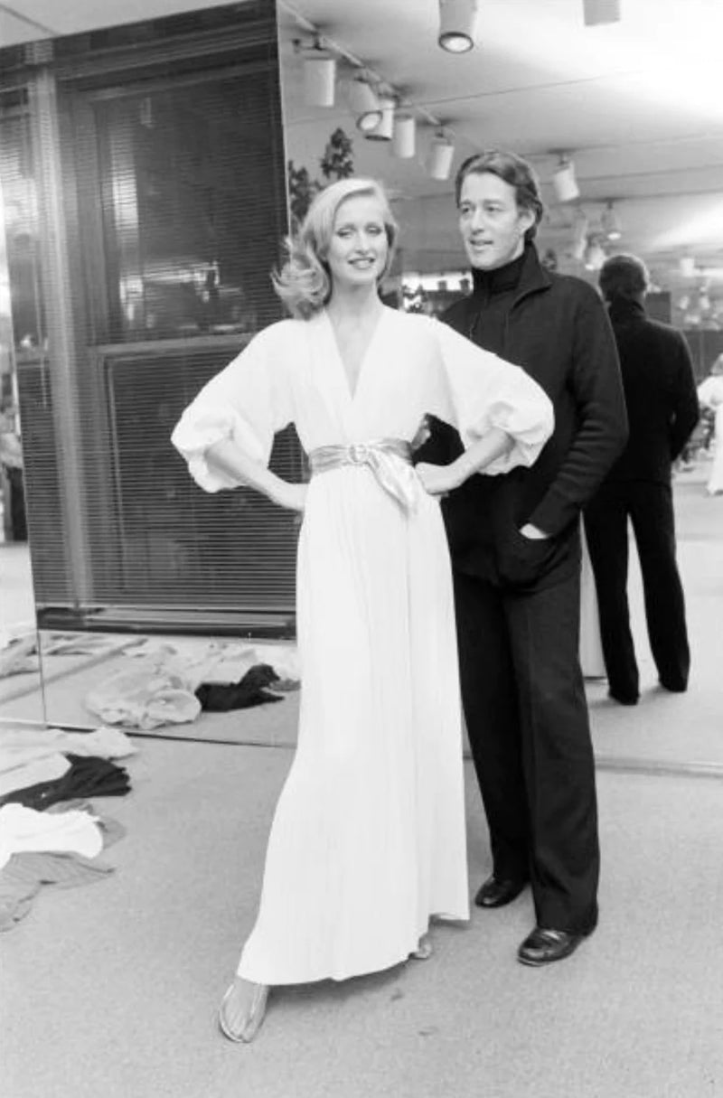 Incredible Spring 1978 Halston IV Plunged Pleated Black Wrap Runway Shrimpton Couture