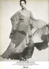 Important Fall 1972 Hanae Mori Couture Ad & Book Piece Silk Chiffon Printed & Ruffled One Sleeve Caftan Dress