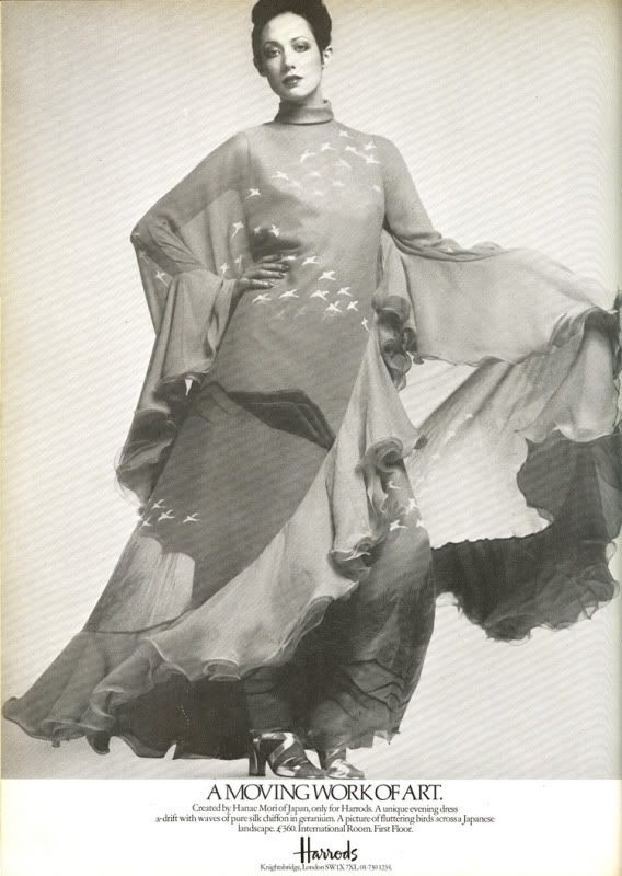 Important Fall 1972 Hanae Mori Couture Ad & Book Piece Silk Chiffon Printed & Ruffled One Sleeve Caftan Dress