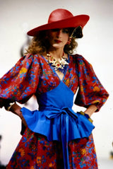 Spring 1983 Yves Saint Laurent Red Floral Print Balloon Sleeve Dress w Corset Waist & Peplum