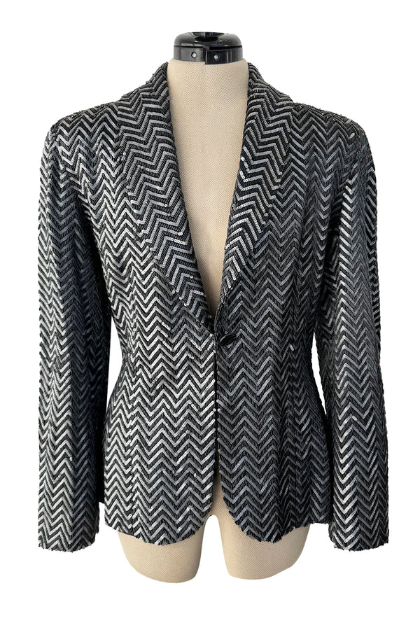 Impeccable Fall 1984 John Anthony Couture Silver & Black Chevron Hand Beaded & Sequin Jacket