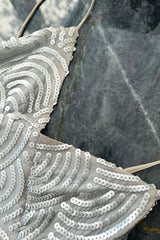 Fantastic 1970s Christian Dior Marc Bohan Silver Sequin Silk Chiffon Dress w Baby Blue Lining