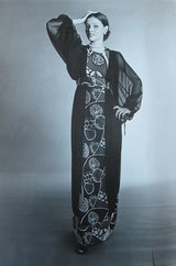 Extraordinary 1969 Thea Porter Black Silk Chiffon Dress w Red Print & Huge Balloon Sleeves