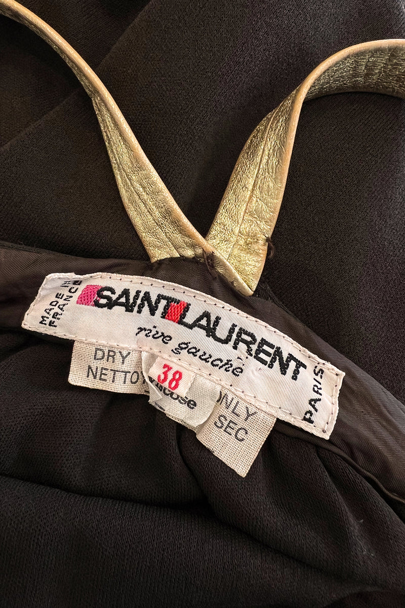 Well Documented Fall 1975 Yves Saint Laurent Brown Silk Jersey w Gold Strap Backless Dress