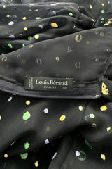 Prettiest 1970s Louis Feraud Black Chiffon Ruffled Dress w Multi Coloured Embroidered Dots
