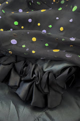 Prettiest 1970s Louis Feraud Black Chiffon Ruffled Dress w Multi Coloured Embroidered Dots