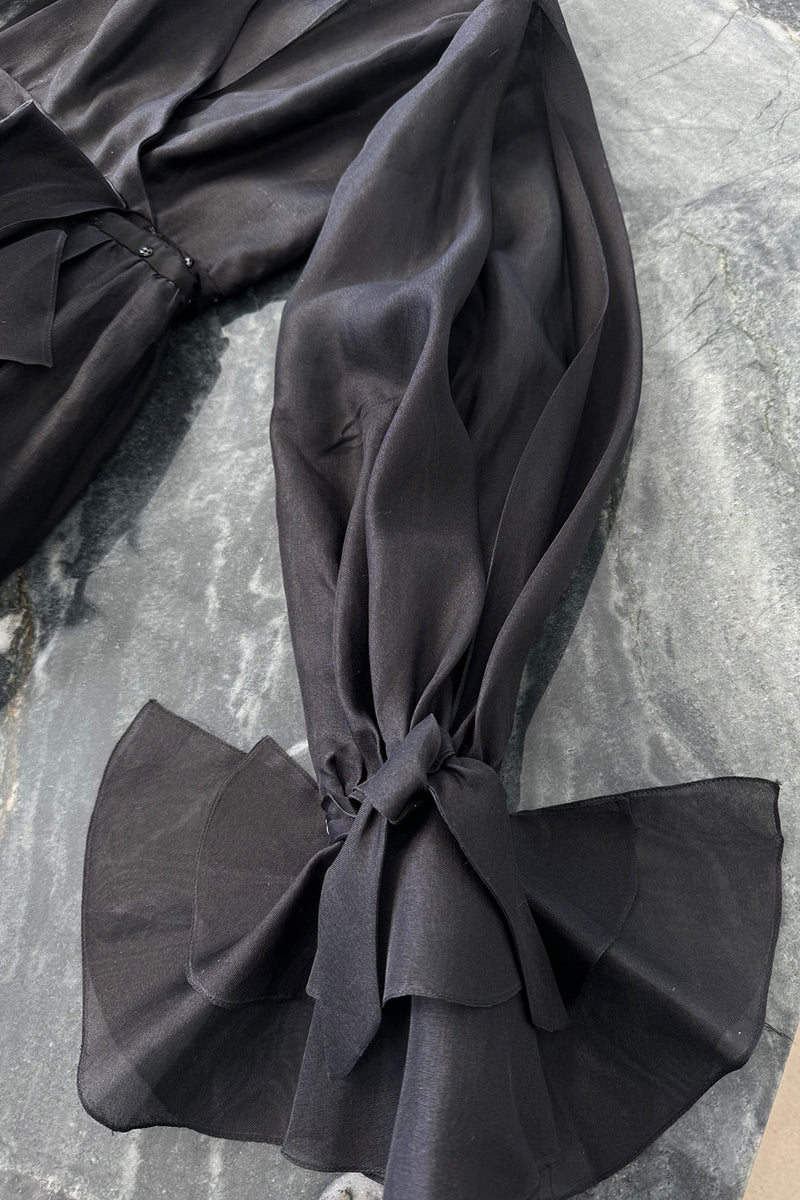 Prettiest 1970s Bill Blass Black Silk Organza Dress w Extensive Ruffle Detailing & Full Puff Sleeves