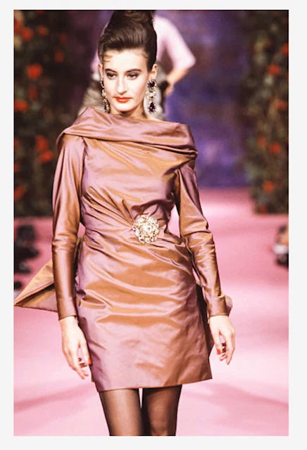 Fall 1990 Christian Lacroix Haute Couture Silk Runway Backless Dress w Original Jewel Brooches