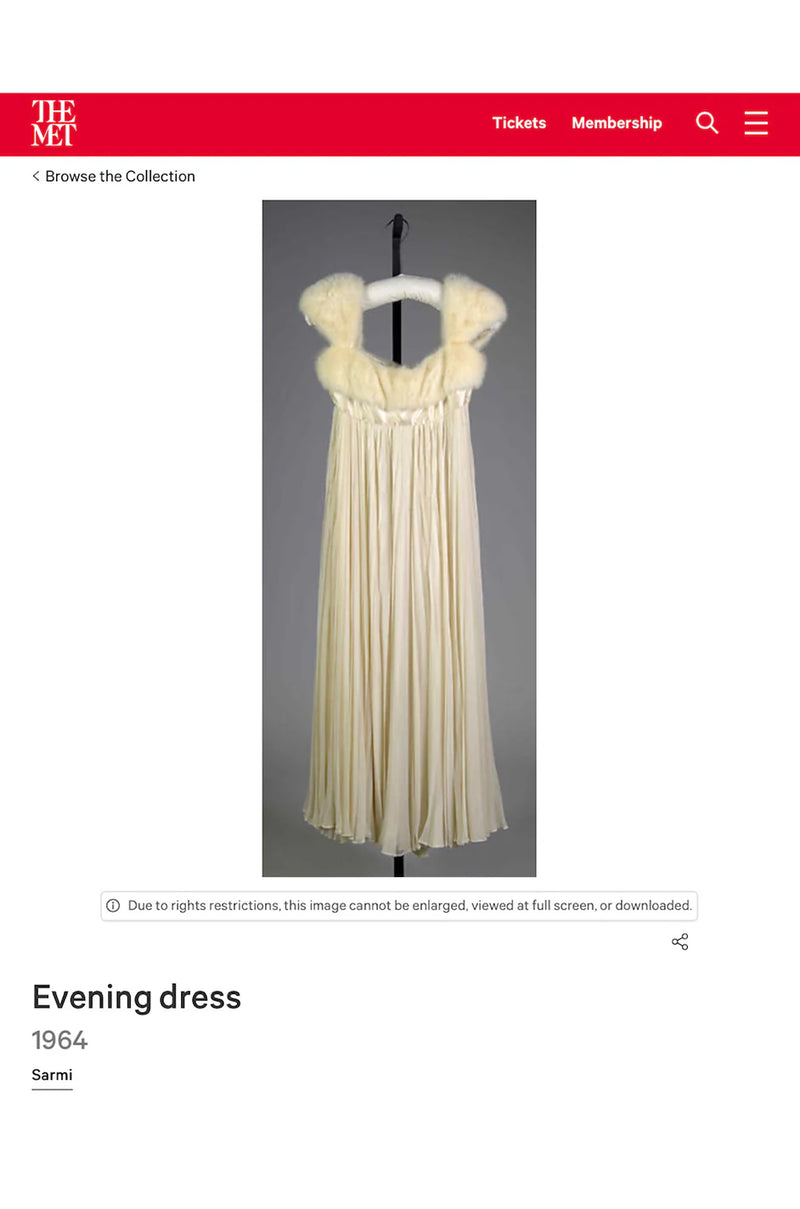 Incredible 1968 Sarmi Ivory Silk Net Dress w Mink Bodice & Metallic Tinsel Dot Detailing