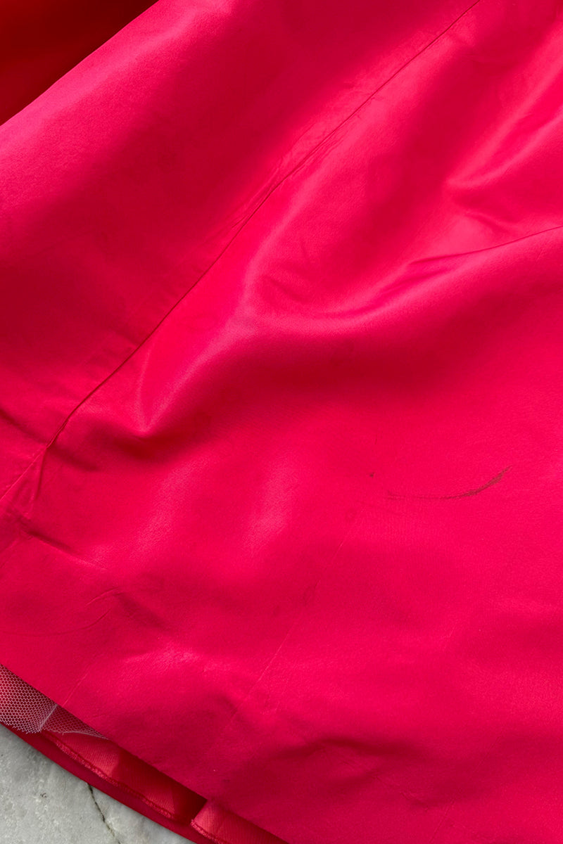 Sensational 1972 Yves Saint Laurent Red Floral Silk Chiffon & Red Silk Dress w Balloon Sleeves & Pleat Detailing
