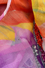 Extraordinary 1970s James Galanos Couture Floral Print Silk Chiffon Dress w Beaded Butterfly Detailing