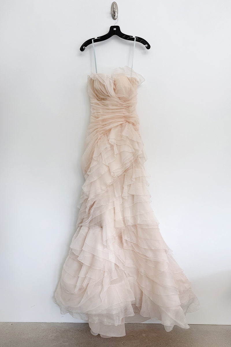Divine Spring 2017 Carolina Herrera Palest Peach Ivory Silk Organza & Silk Net Strapless Ruffled Wedding Dress