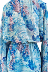 Dreamy 1970s Pierre Cardin Blue Floral Print Silk Chiffon Dress w Long Angel Sleeves