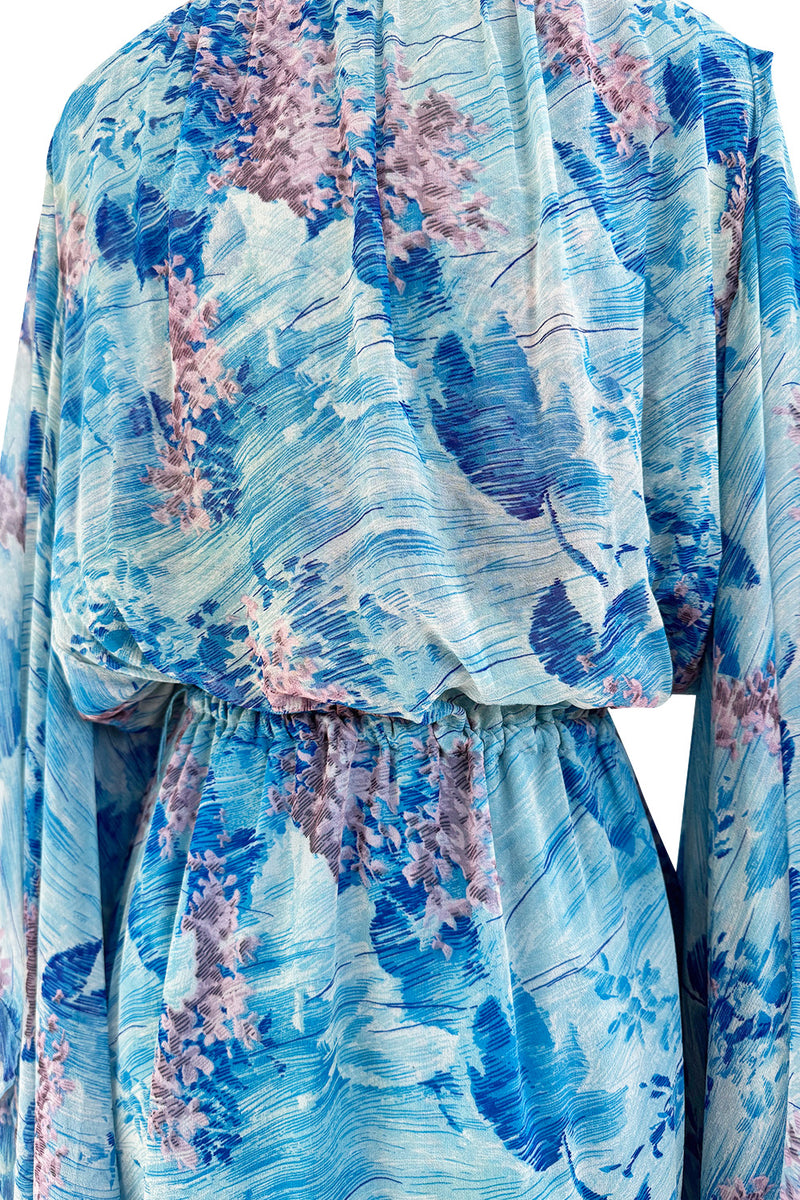 Dreamy 1970s Pierre Cardin Blue Floral Print Silk Chiffon Dress w Long Angel Sleeves
