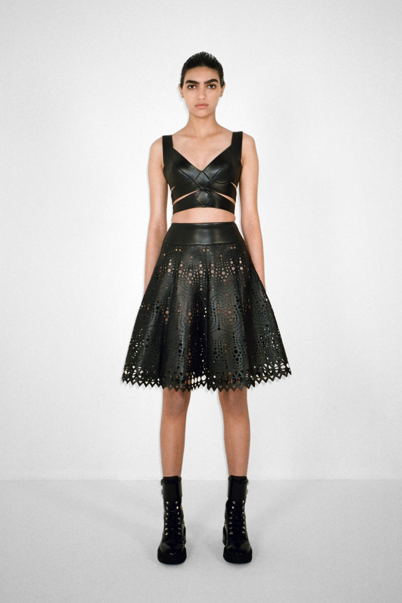 Incredible Fall 2021 Alaia Leather Cut Out Bustier Dress w Cage Back & Hammered Silk Skirt