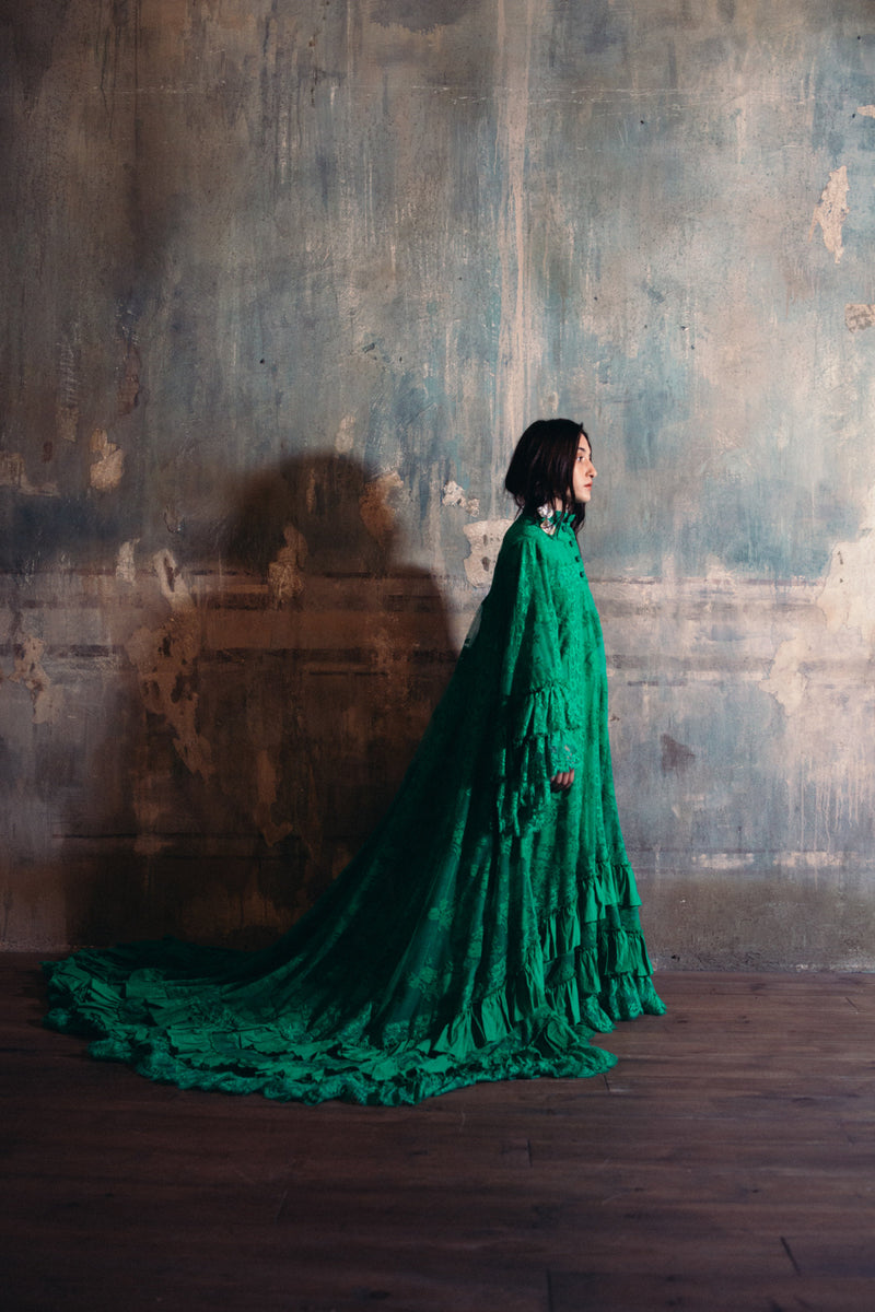 Remarkable Resort 2019 Gucci by Alessandro Michele Runway Look 9 Green Lace & Net Ruffle Dress w Train