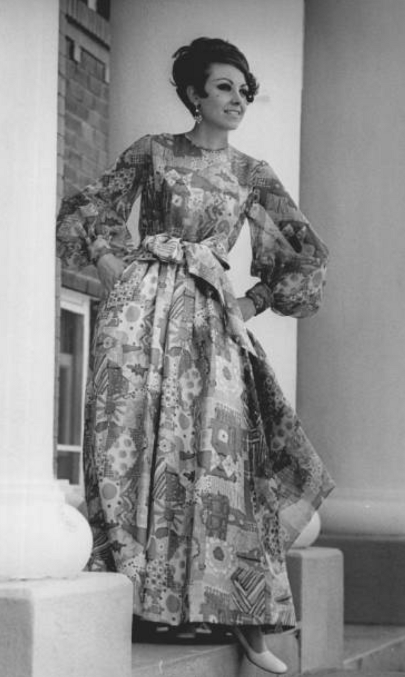 Fantastic Spring 1969 Kiki Hart Multi Colour Floral & Pattern Silk & SIlk Organza Dress w Balloon Sleeves