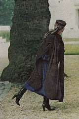 Fabulous  Fall 1977 Yves Saint Laurent Striped Blue Wool Knee Length Cape w Hood & Tassel Detailing