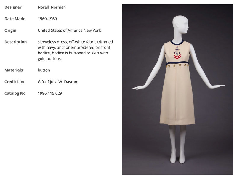 Museum Held Spring 1968 Norman Norell Unlabeled Couture Blue Button & Anchor Sailor Dress
