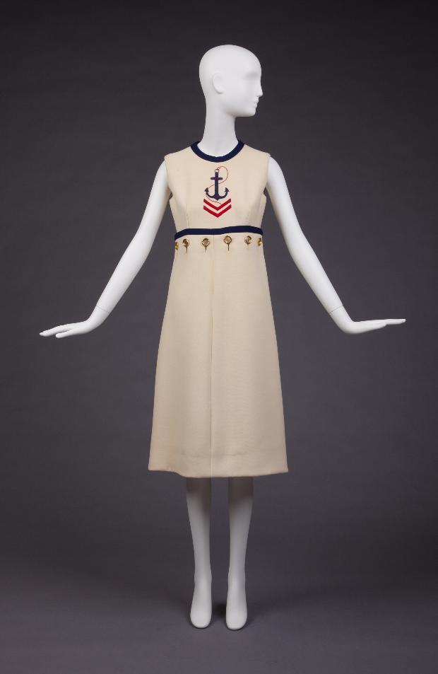 Museum Held Spring 1968 Norman Norell Unlabeled Couture Blue Button & Anchor Sailor Dress