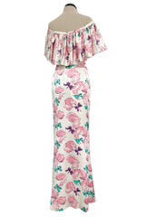 Dreamy Spring 1987 Yves Saint Laurent Off Shoulder Pink Feather & Bow Print Silk Dress