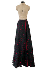 Fantastic 1970s Stavropoulos Wrap Skirt and Top Set w Embroidered Red Dots & Metallic Thread Pattern