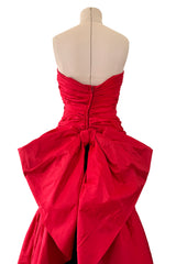 Late 1980s Bellville Sassoon Strapless Red Silk Dress w Full Skirt & Black Glitter Tulle Underskirt & Bow