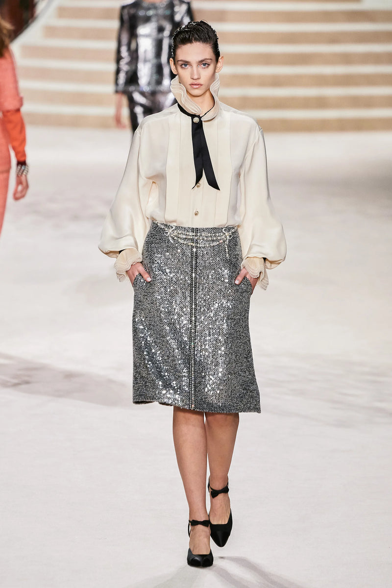 Beautiful Pre-Fall 2020 Chanel by Virginie Viard Runway Look 37 Silver Sequin, Pearl & Crystal Skirt