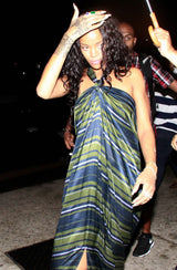 Gorgeous 2014 Lanvin by Alber Elbaz Deep Green & Navy Silk Striped Sarong Dress w Tie Halter