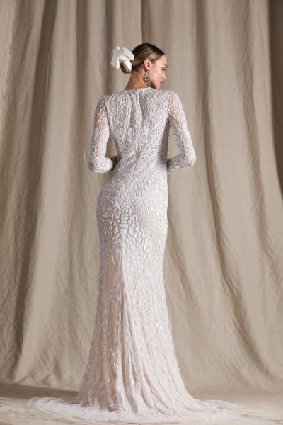 Beautiful Spring 2022 Naeem Khan Bridal Collection 'Salinas' Ivory Net Dress w Sequin Pattern & Trained Skirt