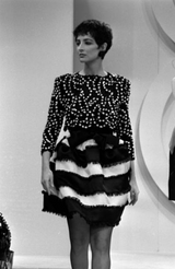 Spring 1988 Bill Blass Sequin Bodice w Ribbon Rosettes Black & White Silk Organza Dress